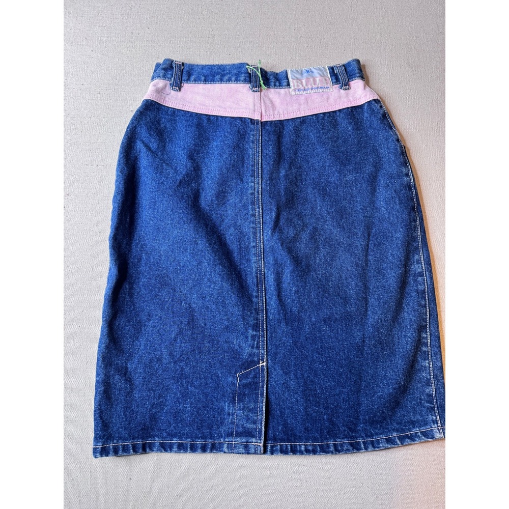 80s True Blue Denim Skirt Pink Waist High Rise Knee Length 27" Waist Vintage - Picture 3 of 6